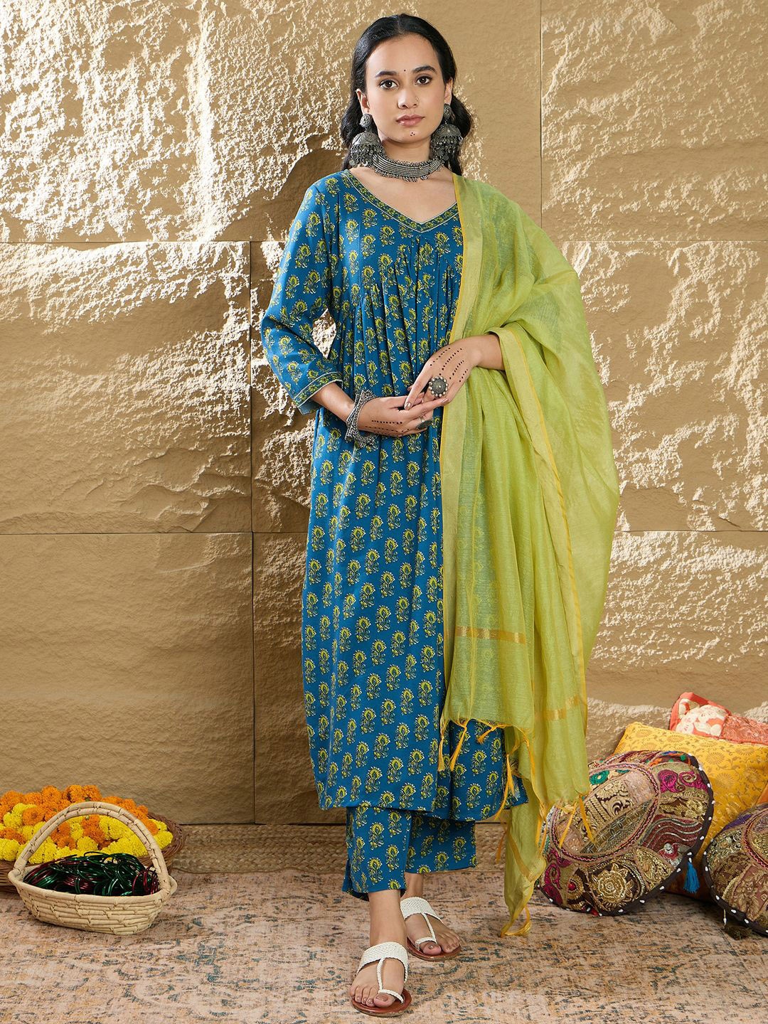 

Indo Era Women Ethnic Motifs Embroidered Empire Kurta with Trousers & Dupatta, Blue