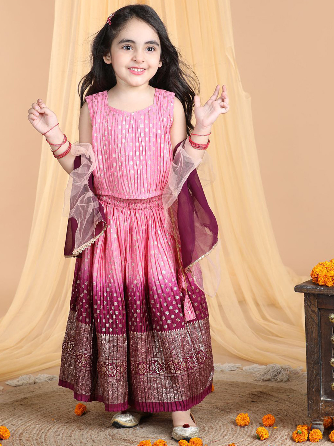 

Here&Now X Kinder Kids Girls Ready to Wear Lehenga & Blouse With Dupatta, Pink