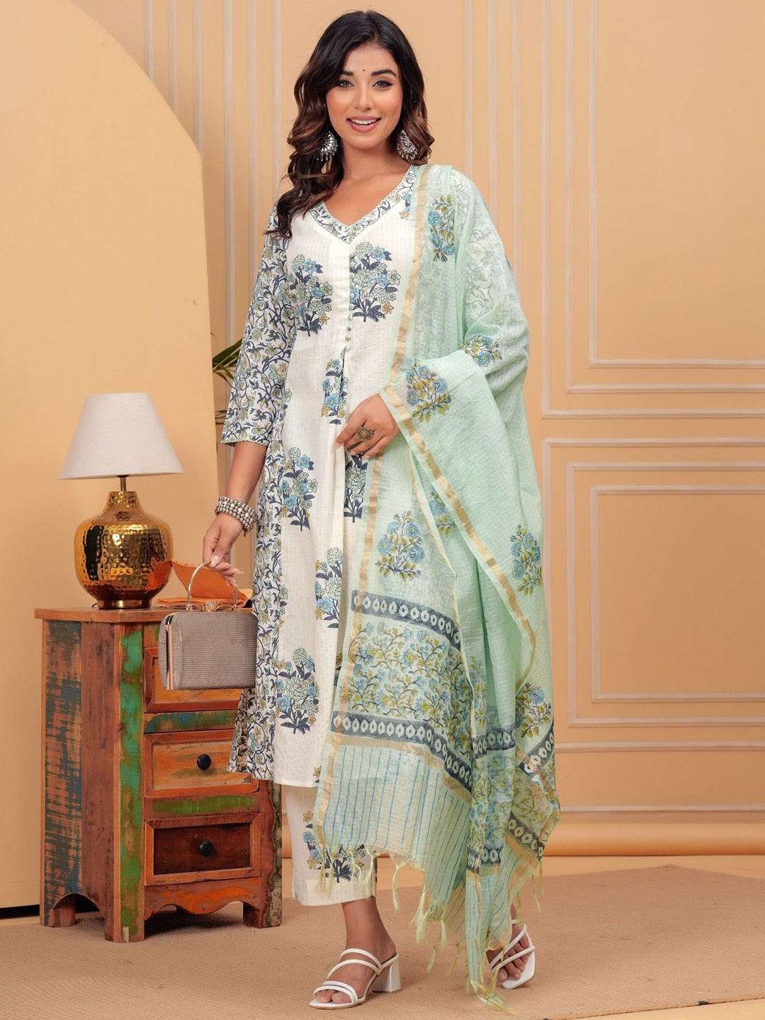 

KALINI Women Yoke Design Regular Thread Work Cotton Kurta with Trousers & With Dupatta, White