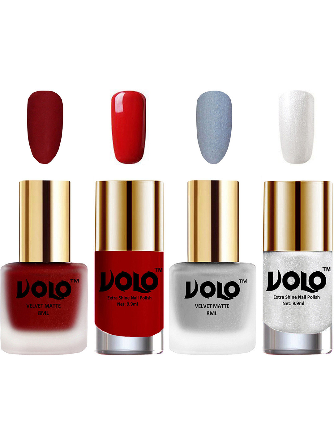 

VOLO Set Of 4 Velvet Matte & Extra Shine Nail Polish-8 ml & 9.9 ml Each Shade 22-33-36-46, Red