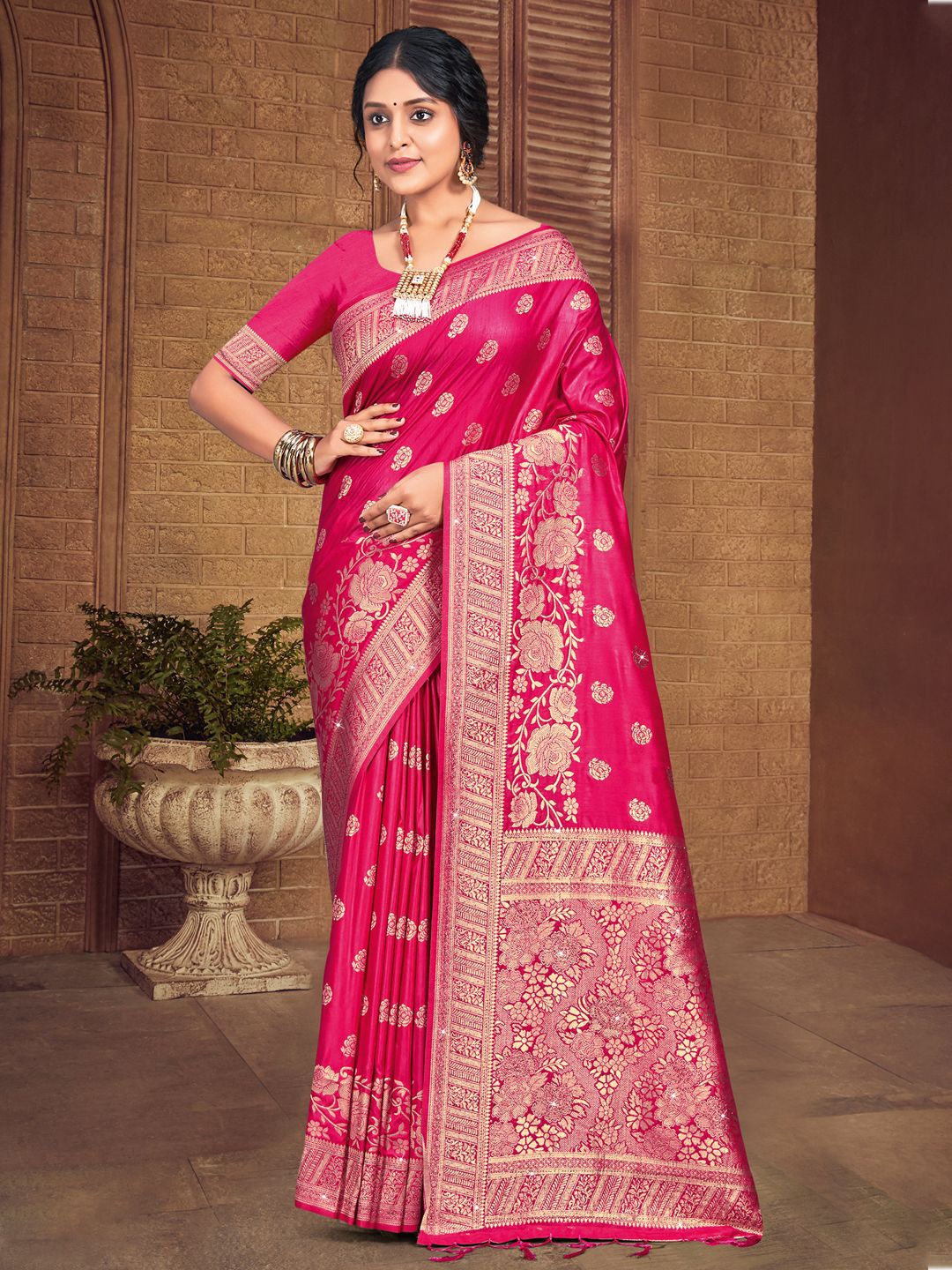 

SANGAM PRINTS Woven Design Zari Tussar Saree, Pink