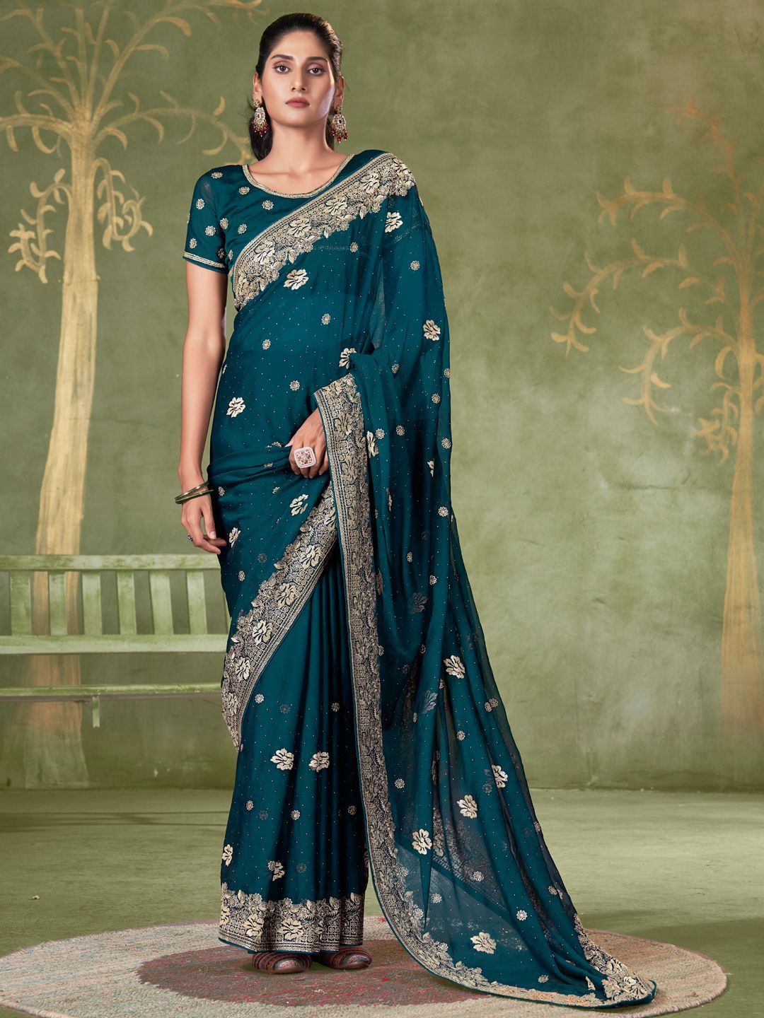 

Mitera Embellished Embroidered Poly Chiffon Designer Saree, Teal