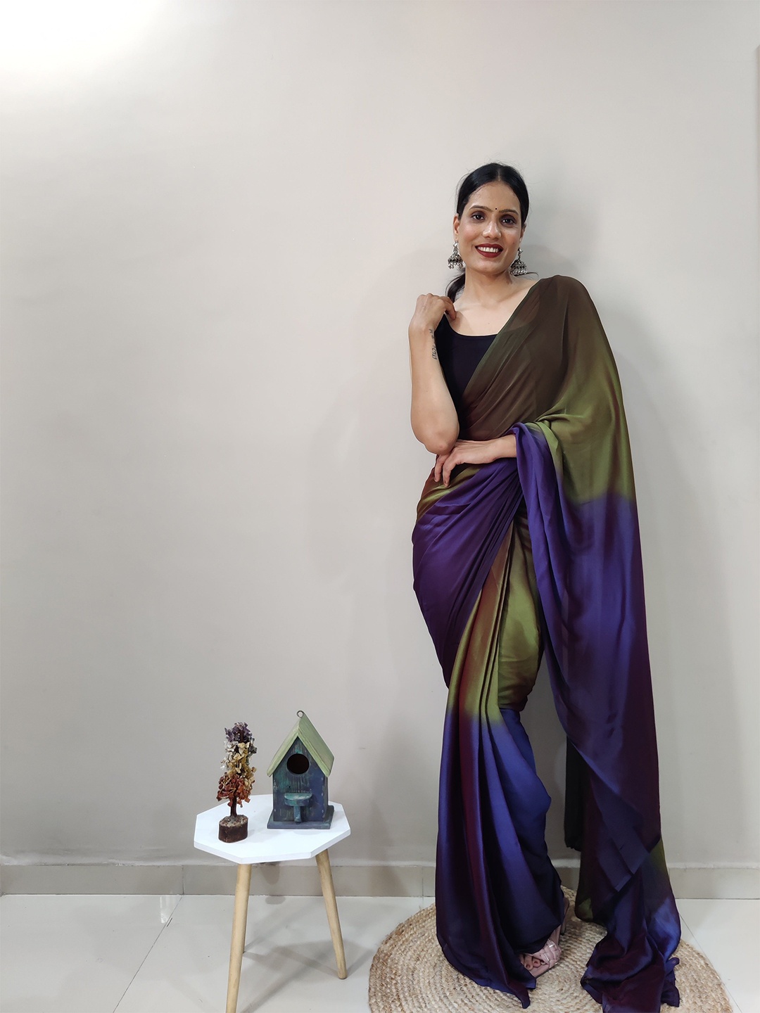 

TIEXA Ombre Pure Chiffon Ready to Wear Saree, Green