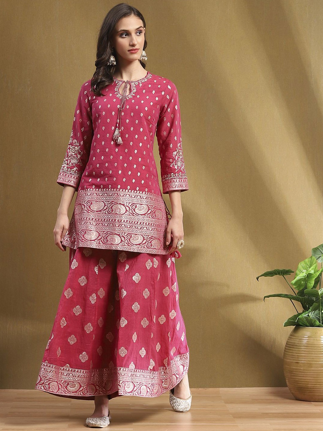 

Biba Women Round Neck Kurta with Sharara & With Dupatta, Pink