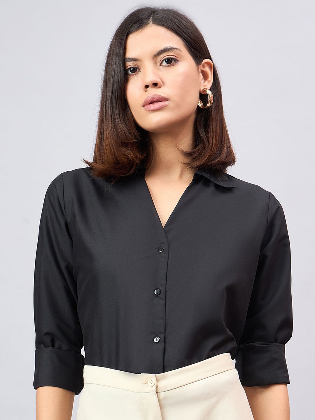 

Style Quotient Women Smart Spread Collar Solid Polycotton Formal Shirt, Black