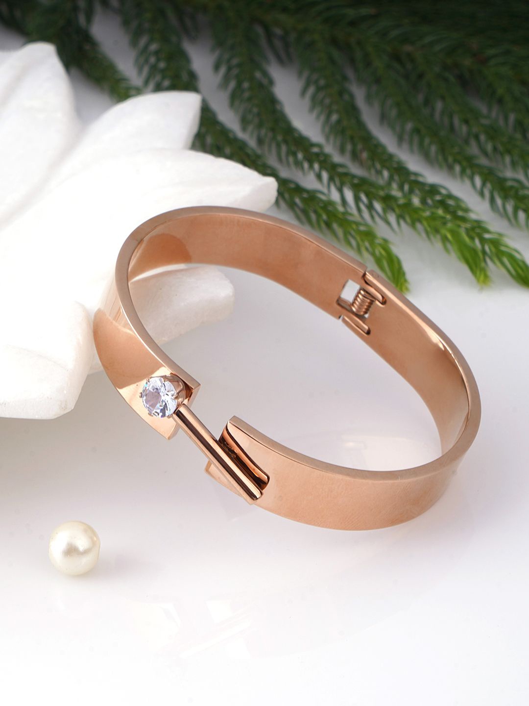 

Adwitiya Collection Stainless Steel Rose Gold-Plated Stone Studded Bangle-Style Bracelet