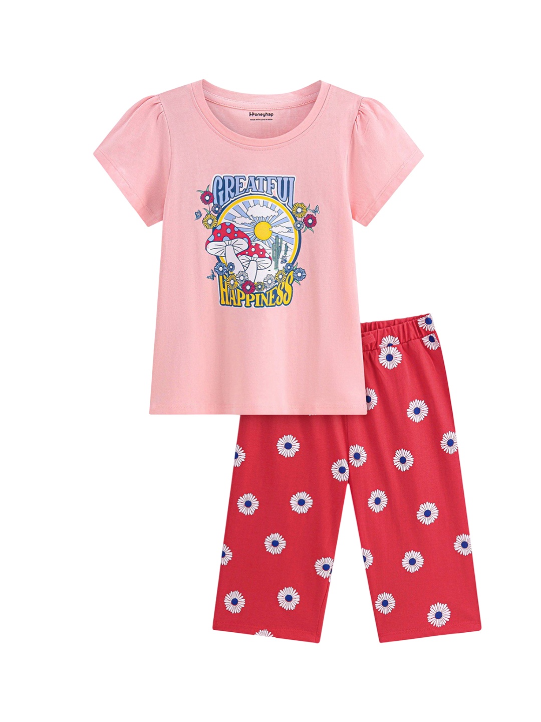 

Honeyhap Girls Round Neck Night suit, Red