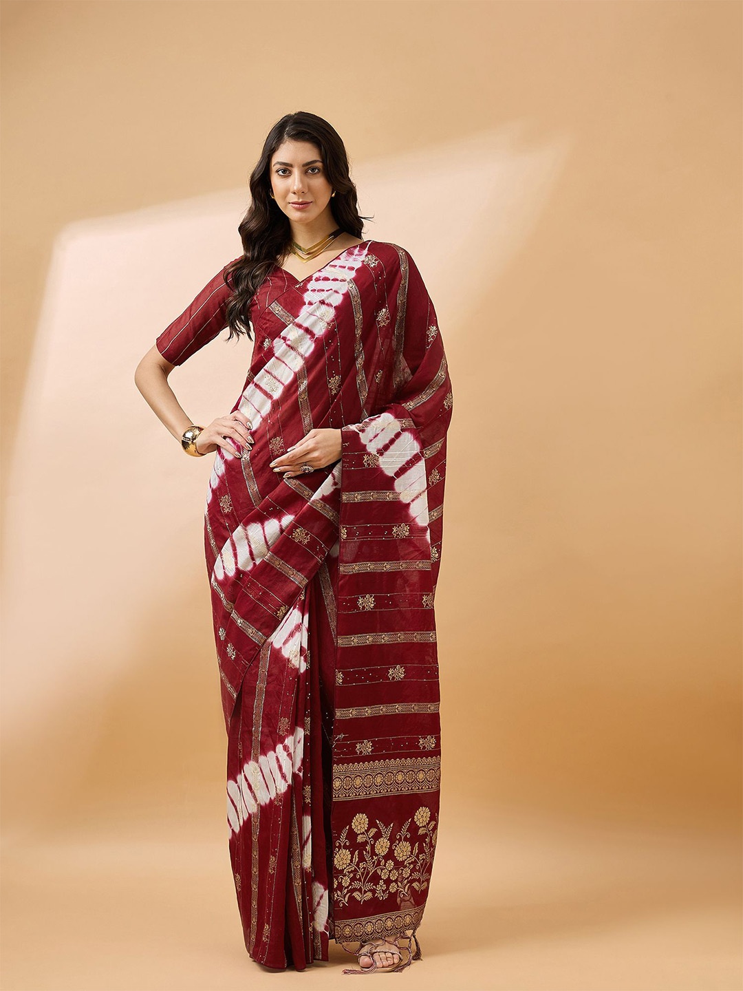 

Maroosh Embellished Sequinned Fusion Saree, Maroon