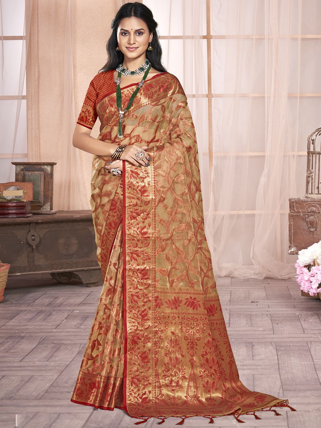 

SANGAM PRINTS Woven Design Zari Organza Tussar Saree, Beige