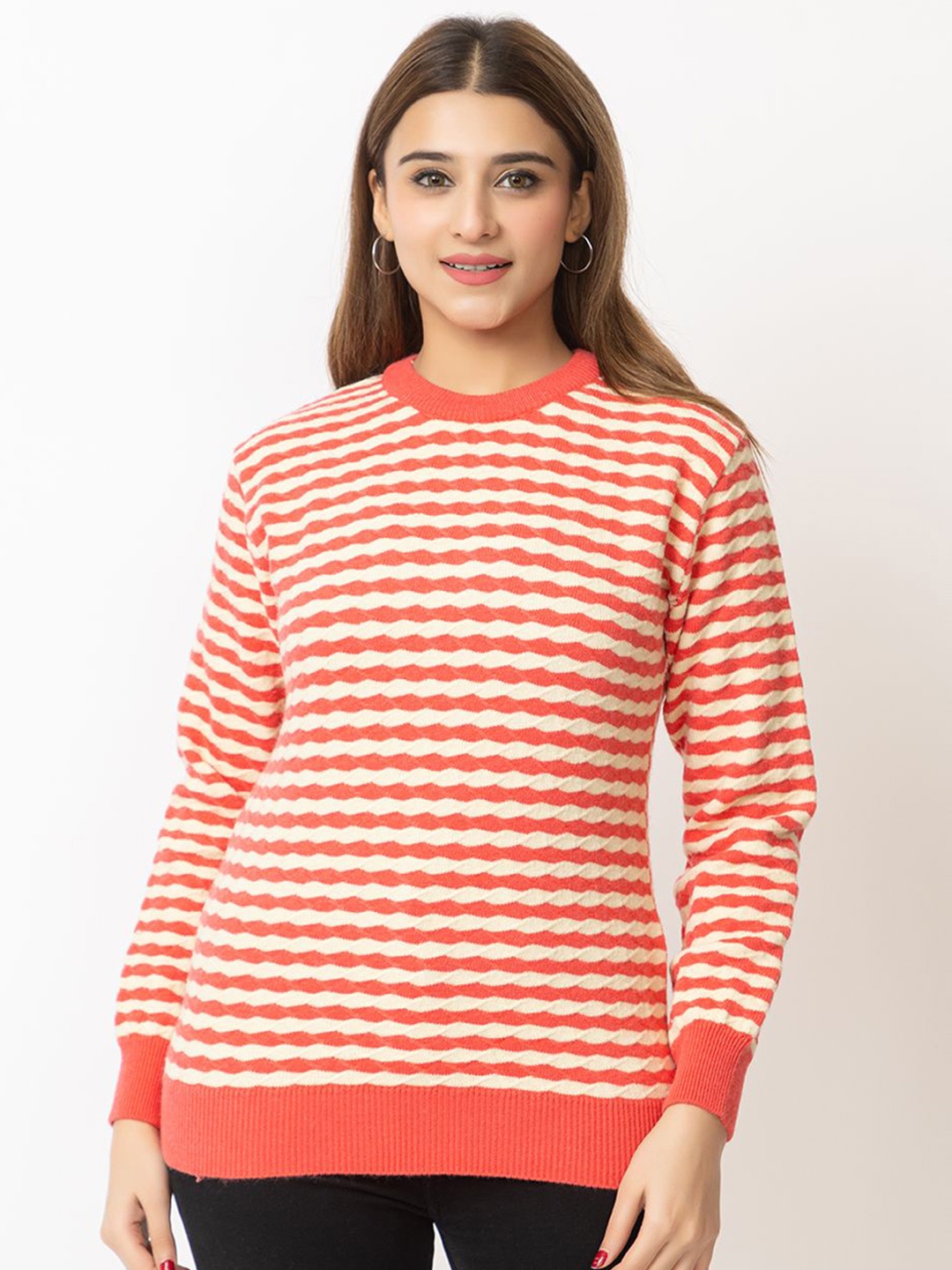 

LEZA Women Round Neck Open Knit Pullover, Orange