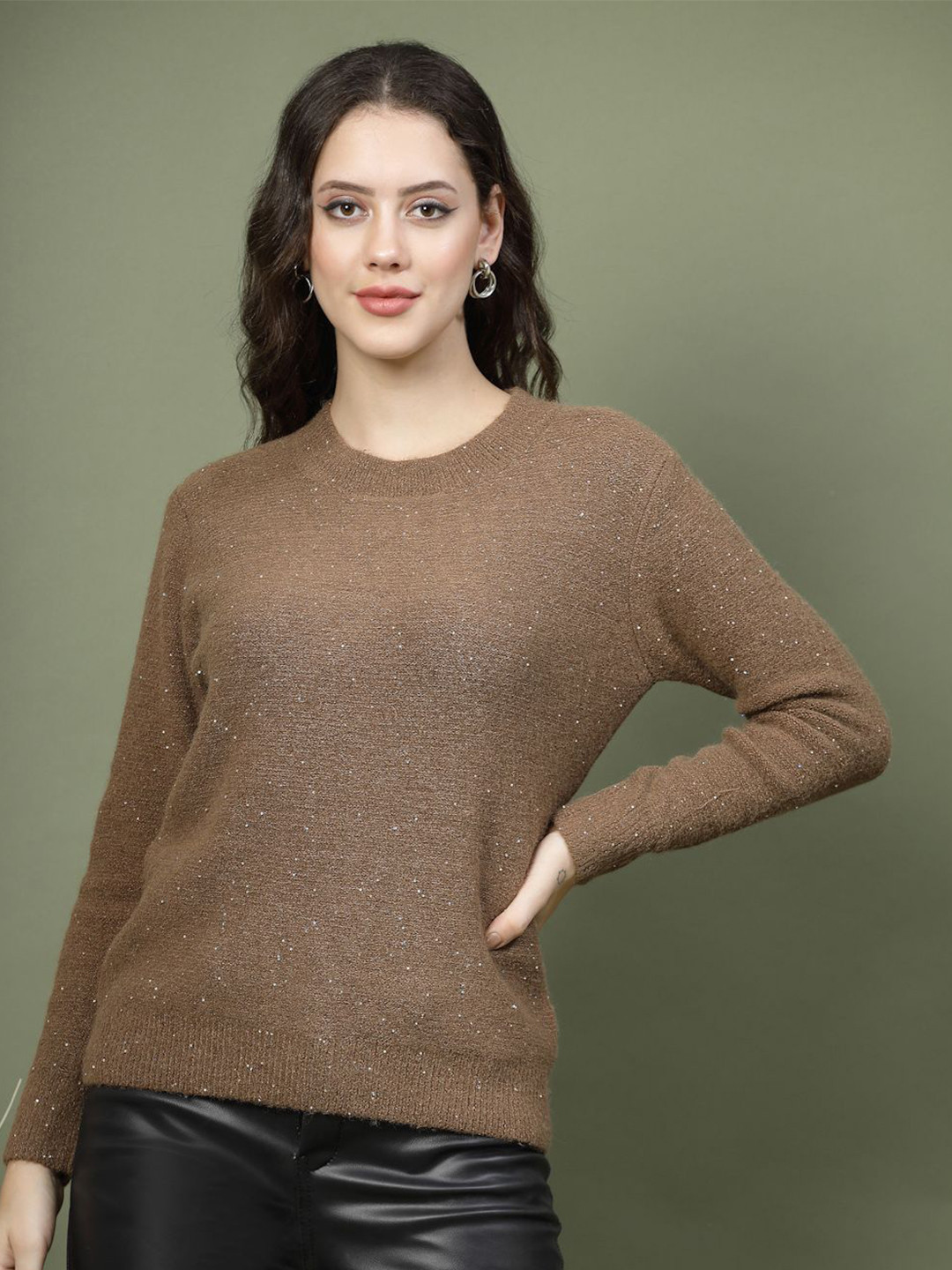 

Mafadeny Women Self Design Pullover Ribbed Sweaters, Brown