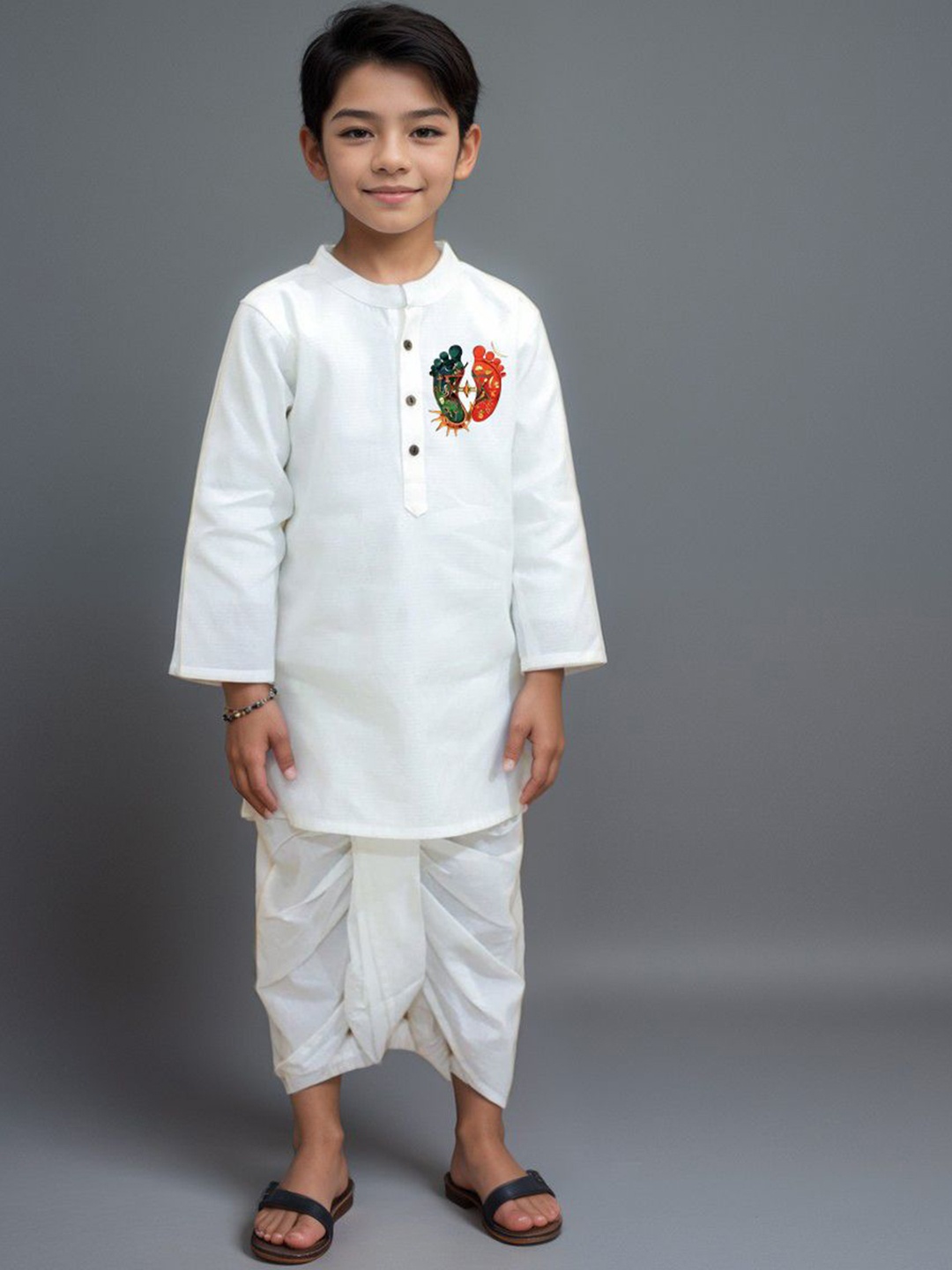 

DEVOILER Boys Ethnic Motifs Printed White Romance Kurta