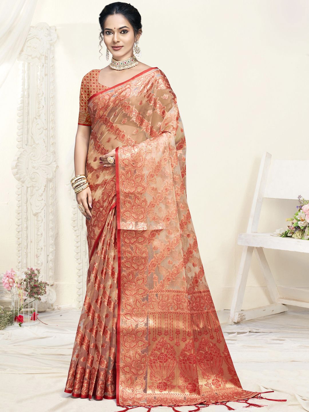 

SANGAM PRINTS Woven Design Zari Organza Tussar Saree, Peach