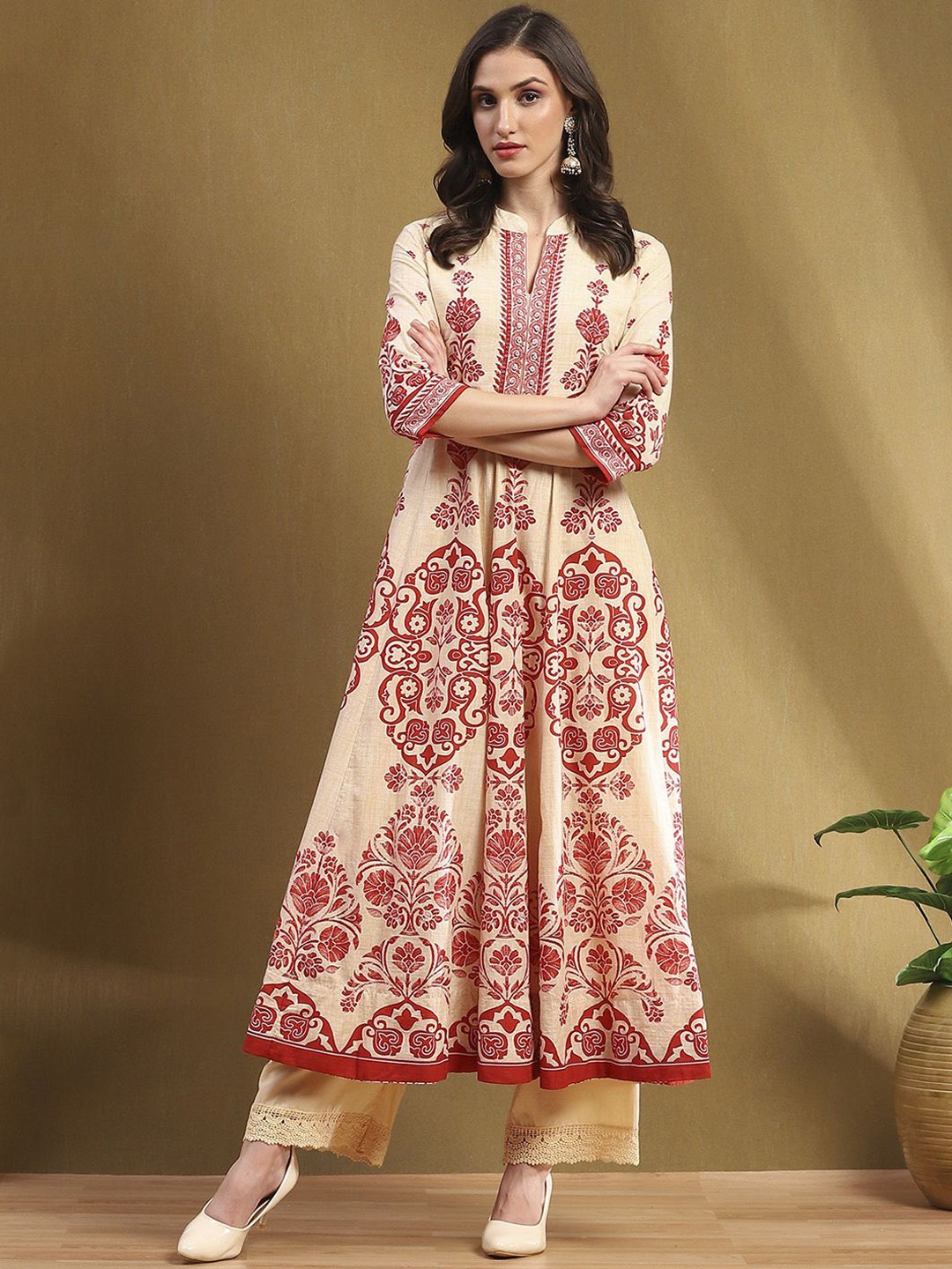 

Biba Women Pure Cotton Ethnic Motifs Printed Kurta with Palazzos, Brown