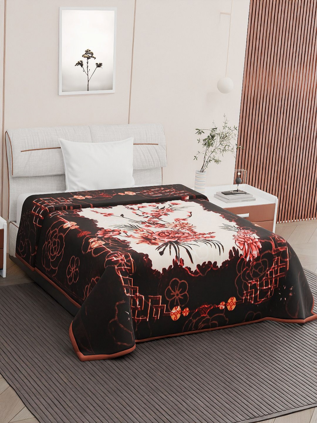 

Nivasam Beige & White Floral Mink Heavy Winter Single Bed Blanket