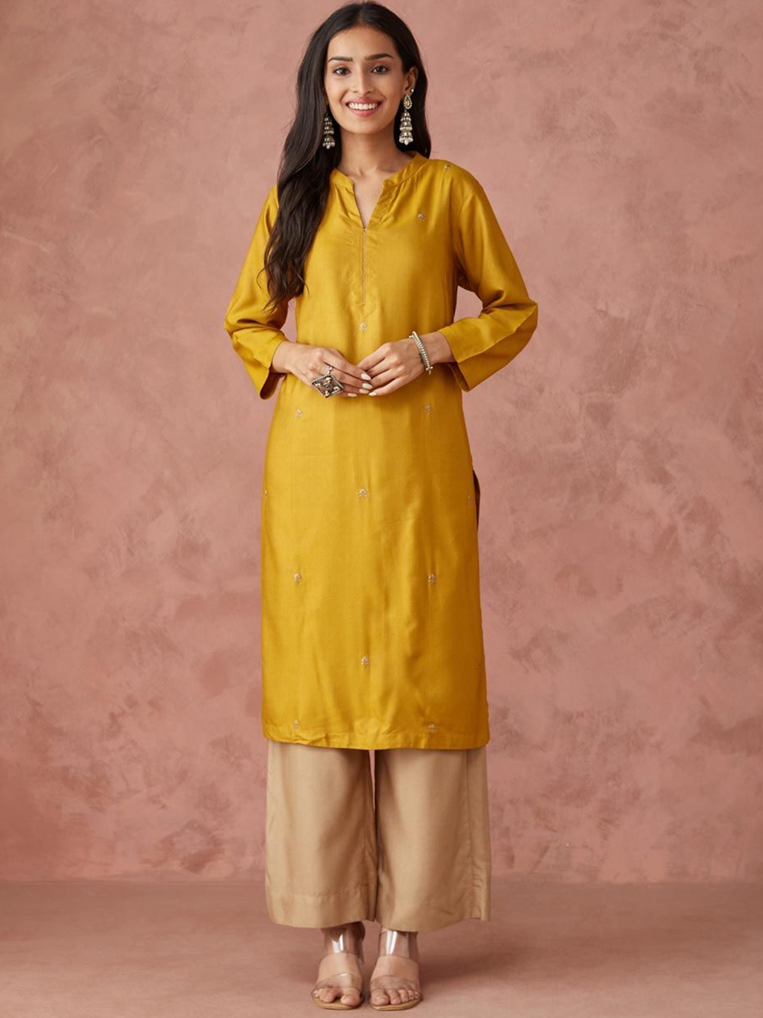 

Fabindia Women Embroidered Sequinned Kurta, Mustard