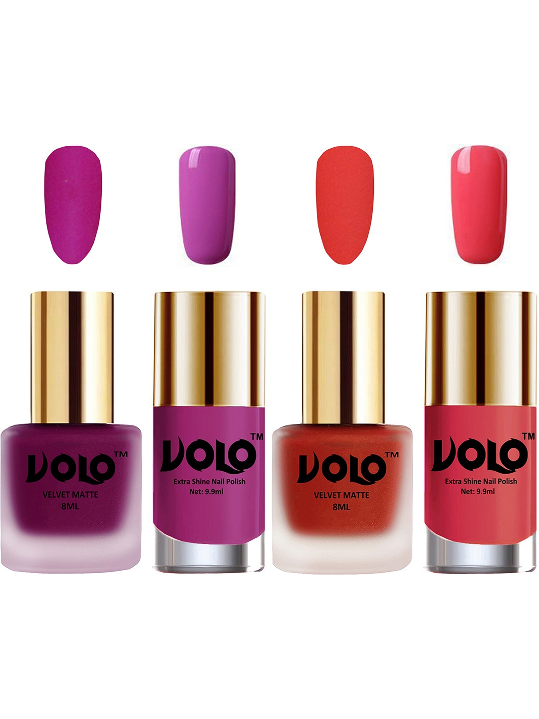 

VOLO Set Of 4 Velvet Matte & Extra Shine Nail Polish-8 ml & 9.9 ml Each Shade 14-44-35-56, Magenta