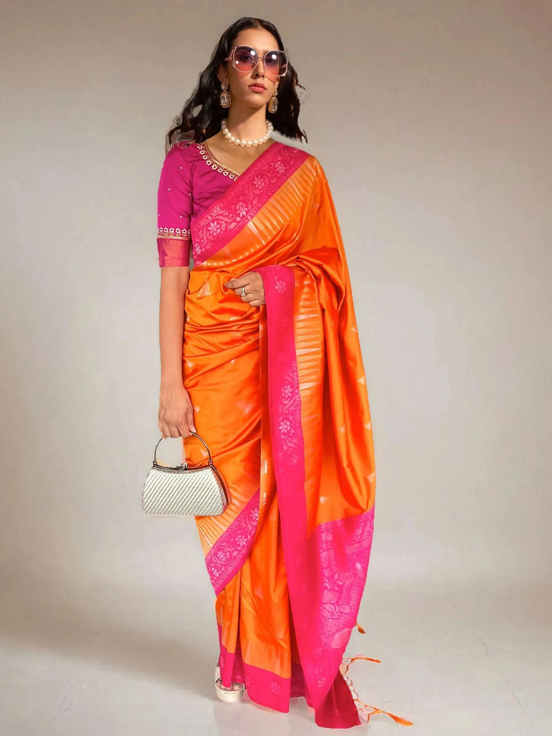 

NK Textiles Zari Pure Silk Ikat Saree, Orange