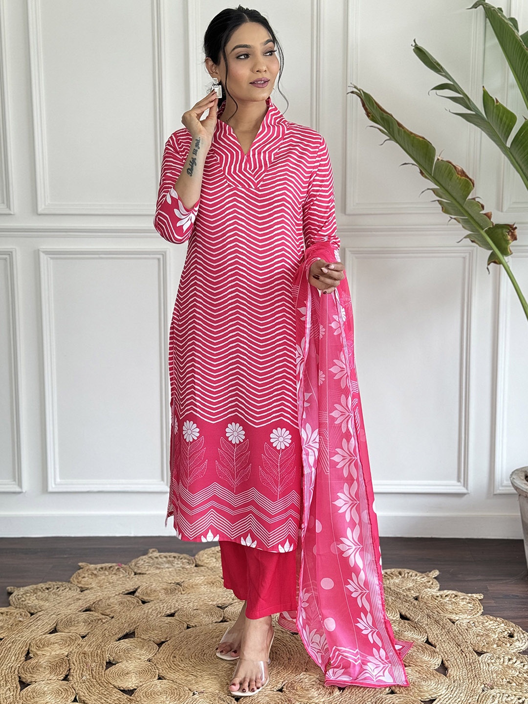 

KALINI Chevron Printed Straight Kurta With Trousers & Dupatta, Pink