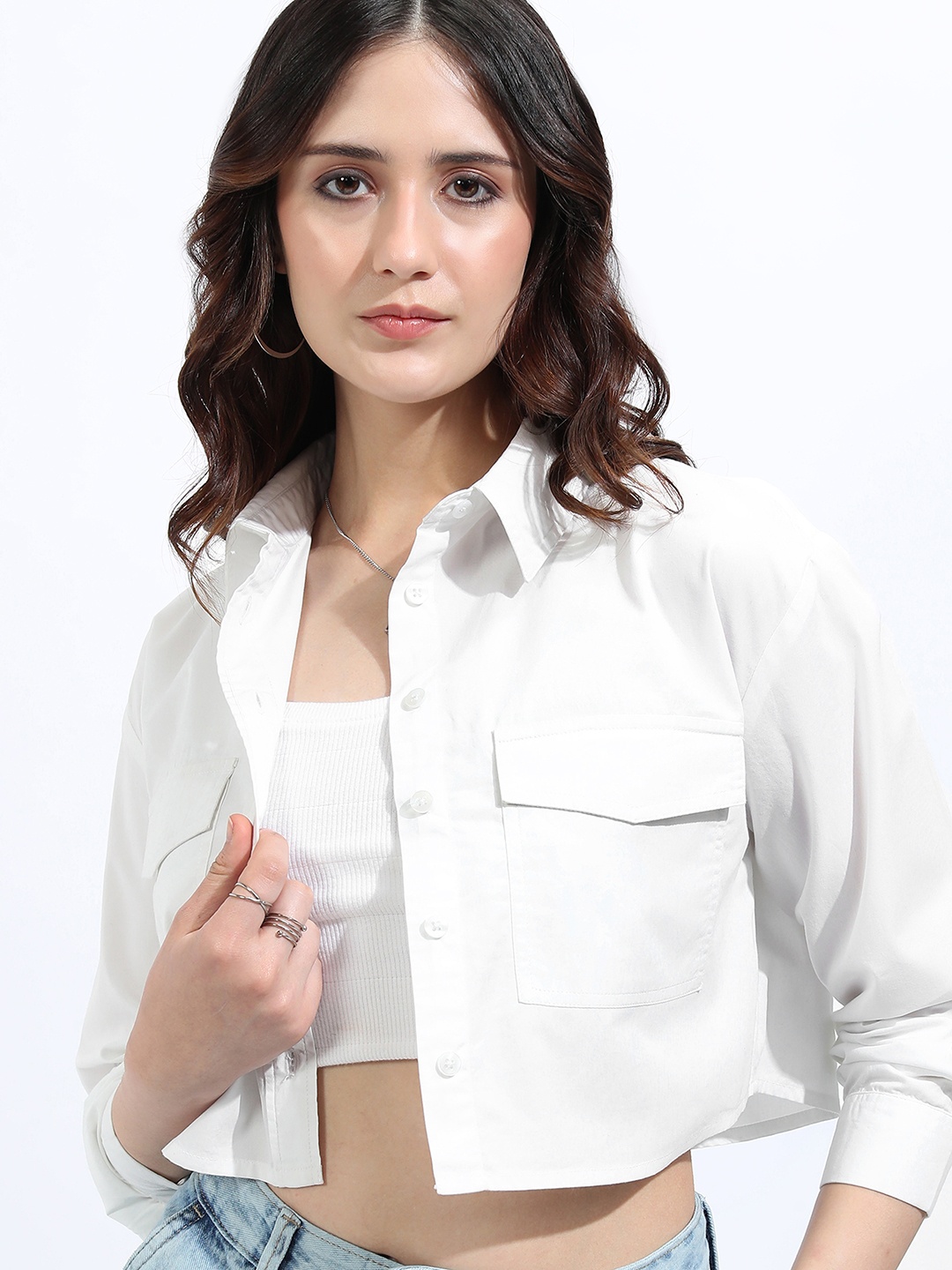 

Tokyo Talkies Women Off Button Down Poplin Crop Shirt, Off white