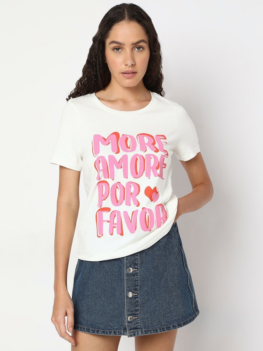 

Vero Moda Women Typography Printed Round Neck Cotton T-shirt, White