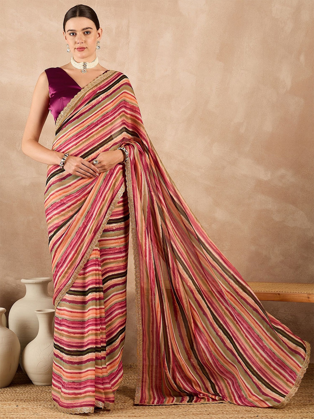 

all about you Striped Pure Chiffon Designer Saree, Green