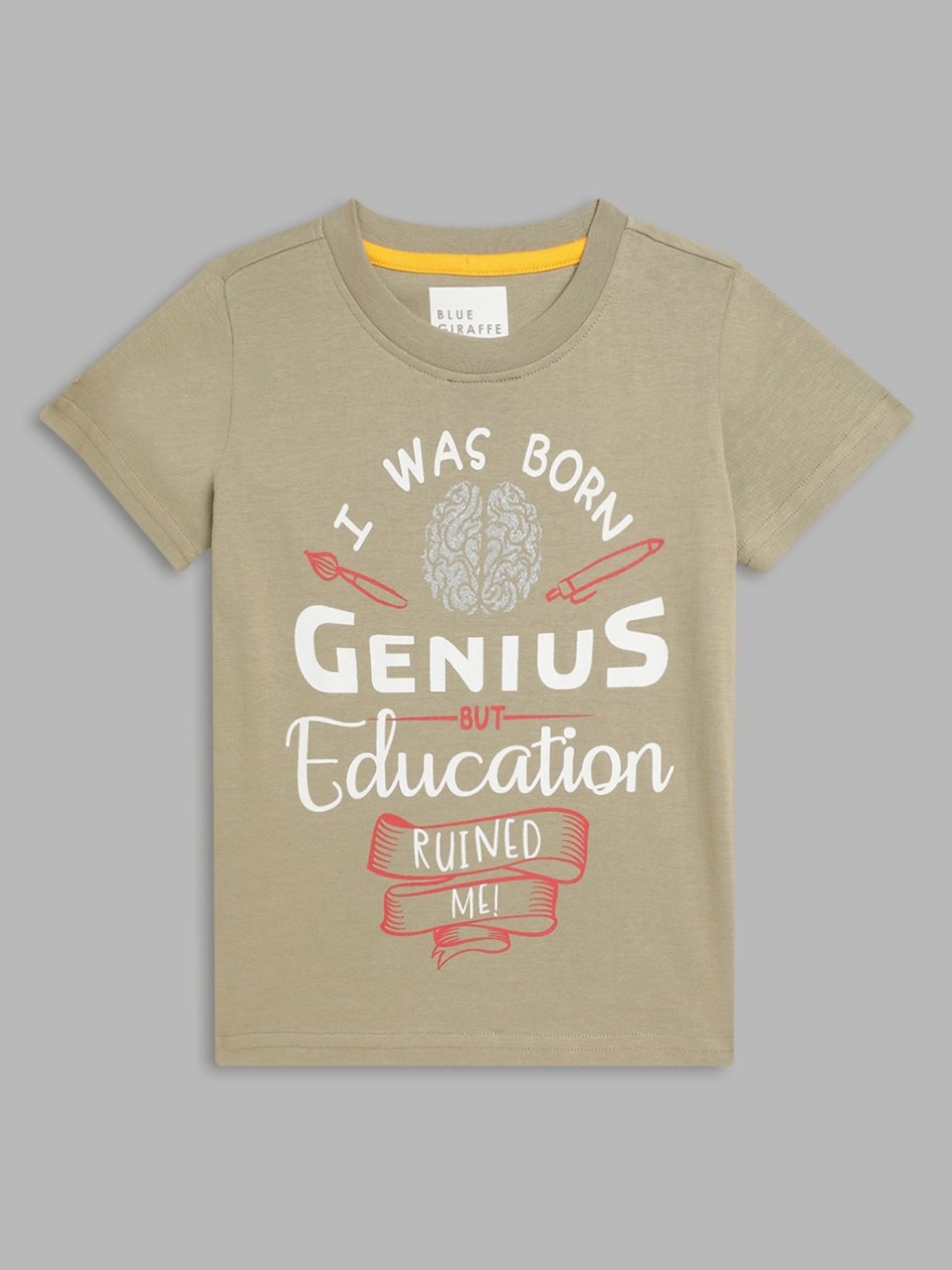 

Blue Giraffe Boys Typography Printed Round Neck Cotton T-shirt, Beige