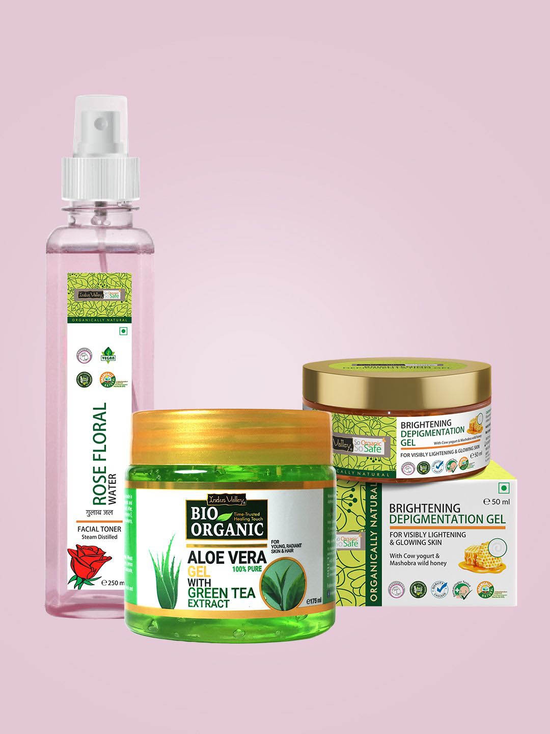 

Indus Valley Depigmentation Gel, Aloe Vera Gel & Rose Water Toner, Green