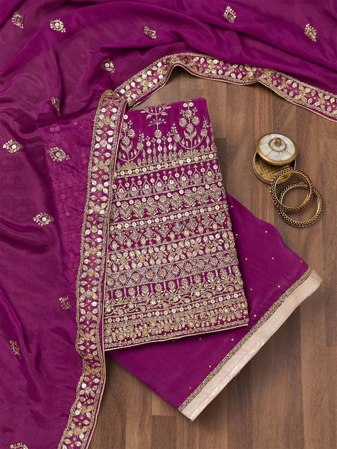

Koskii Floral Embroidered Zari Work Unstitched Dress Material, Purple