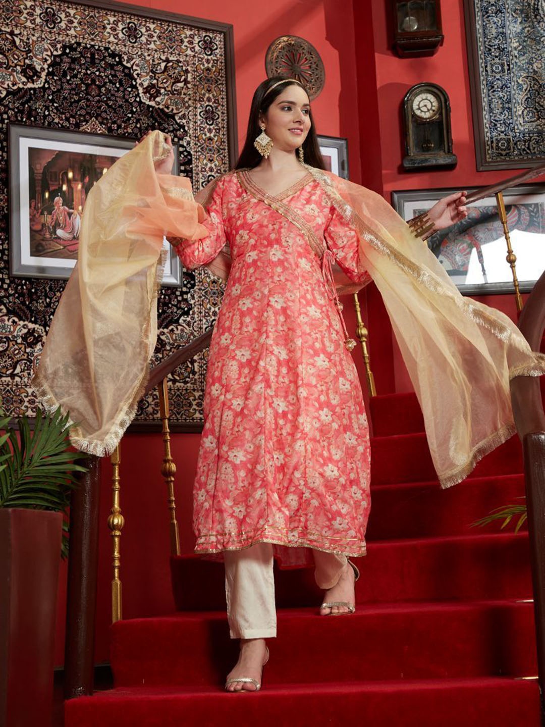 

BANDIA Women Floral Printed Sequinned Anarkali Kurta With Trousers & Dupatta, Pink