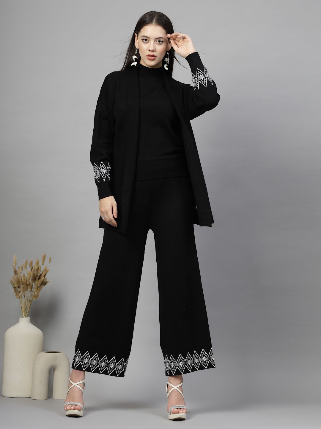 

Mafadeny Woven Design Mock Neck Sleeveless Top With Palazzo With Jacket, Black