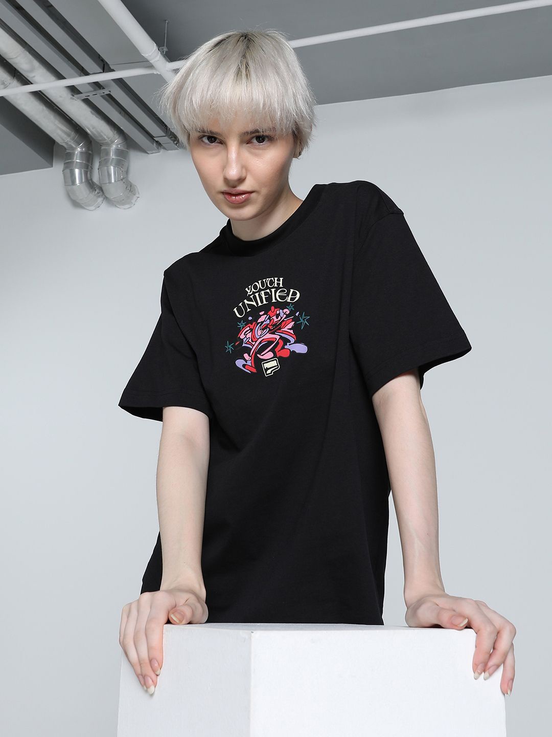 

Puma Women Downtown Graphic Printed Relaxed Fit Cotton T-shirt, Black