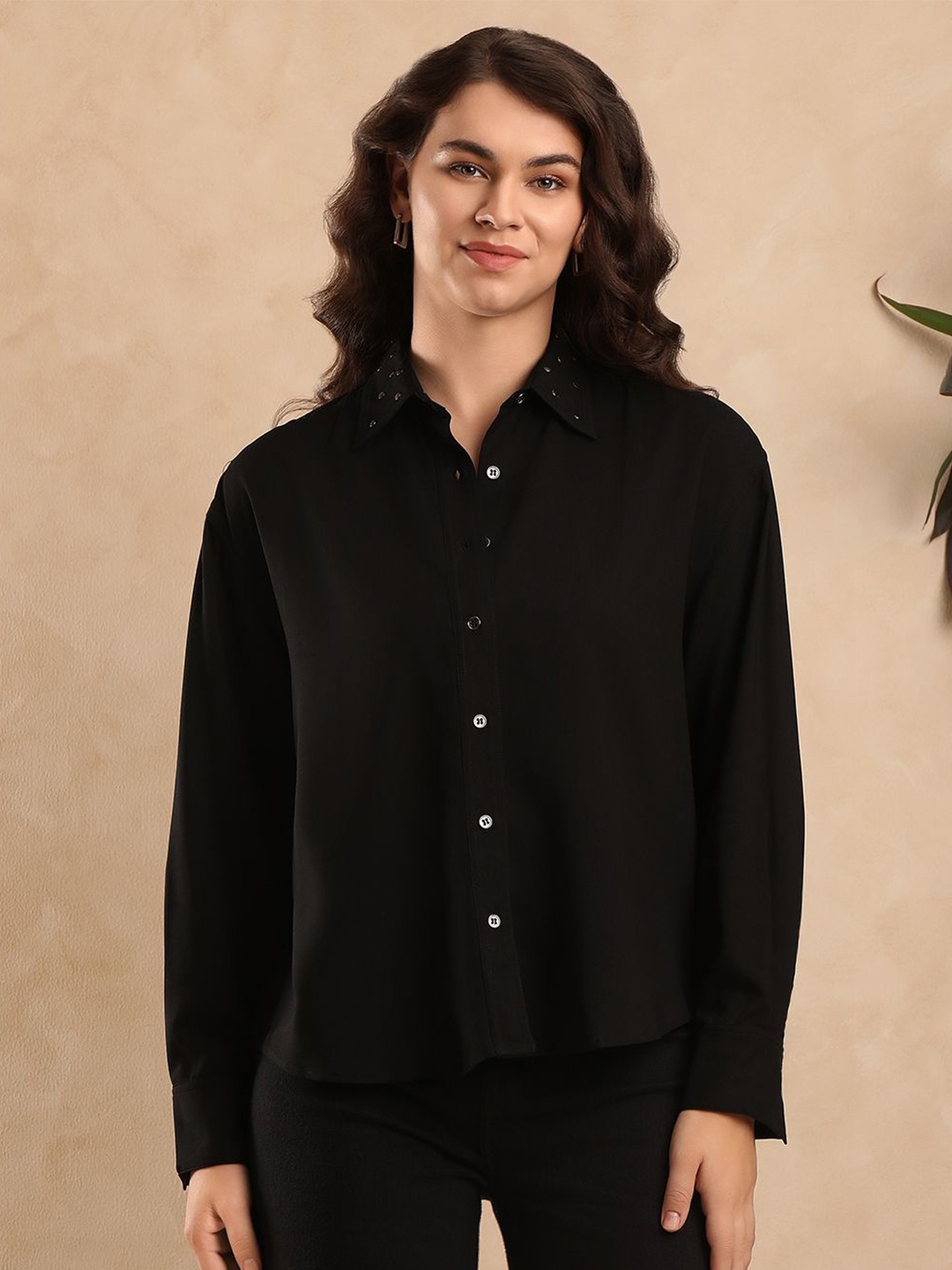 

Gazillion Women Original Spread Collar Solid Cotton Oversized Casual Shirt, Black