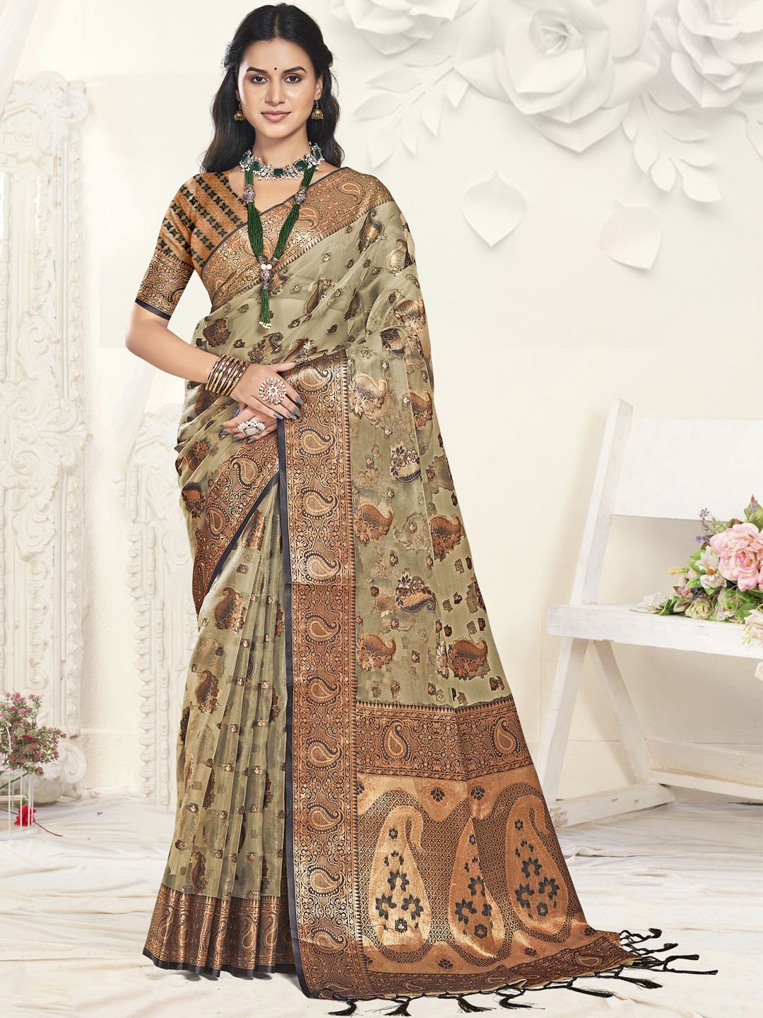 

SANGAM PRINTS Woven Design Zari Organza Tussar Saree, Grey