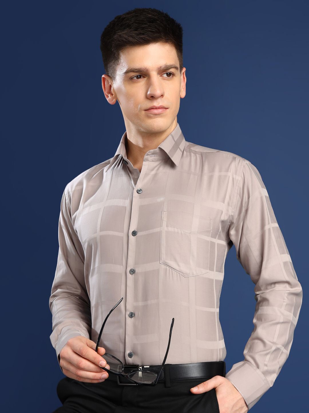 

Hancock Men Premium Slim Fit Textured Egyptian Cotton Wrinkle Free Opaque Formal Shirt, Beige