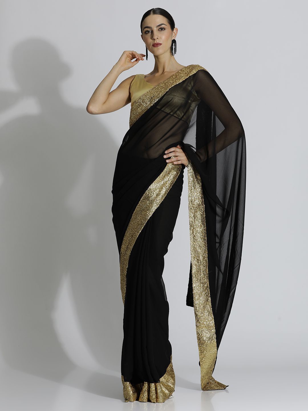 

Jaipur Kurti Sequinned Pure Georgette Designer Saree, Black