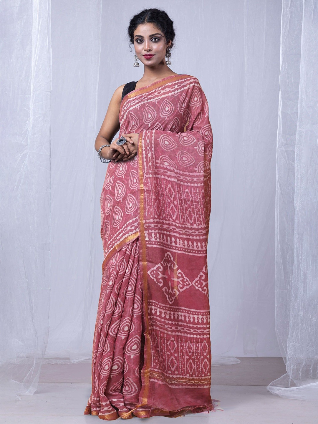 

Unnati Silks Printed Zari Handloom Chanderi Saree, Pink