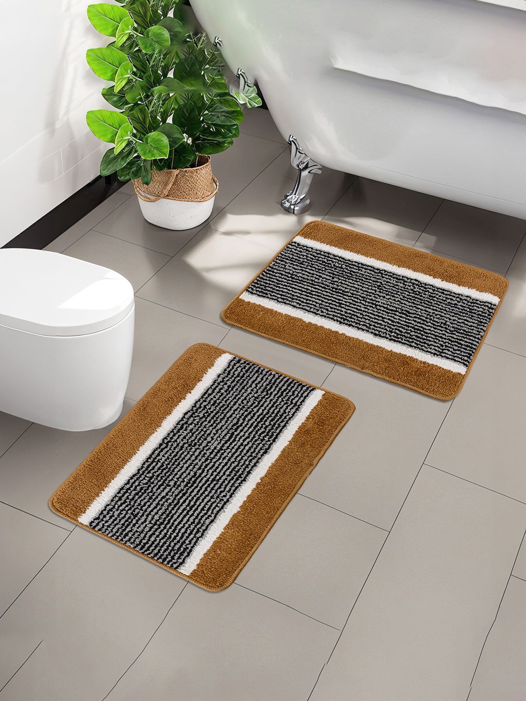 

Kuber Industries Gold Toned & Blue 3 Pieces Striped Anti-Skid Microfiber Doormats