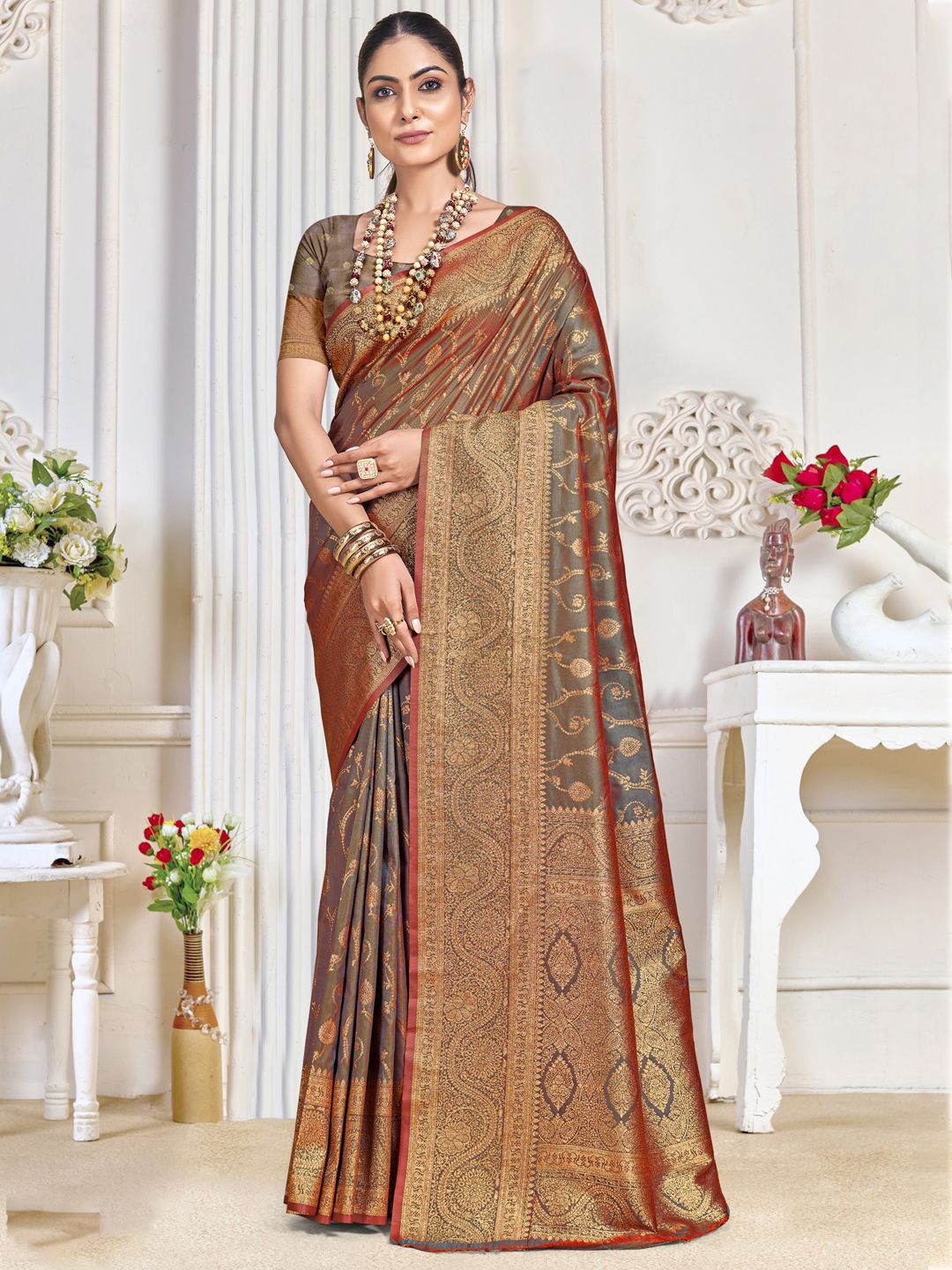 

SANGAM PRINTS Woven Design Zari Tussar Saree, Grey