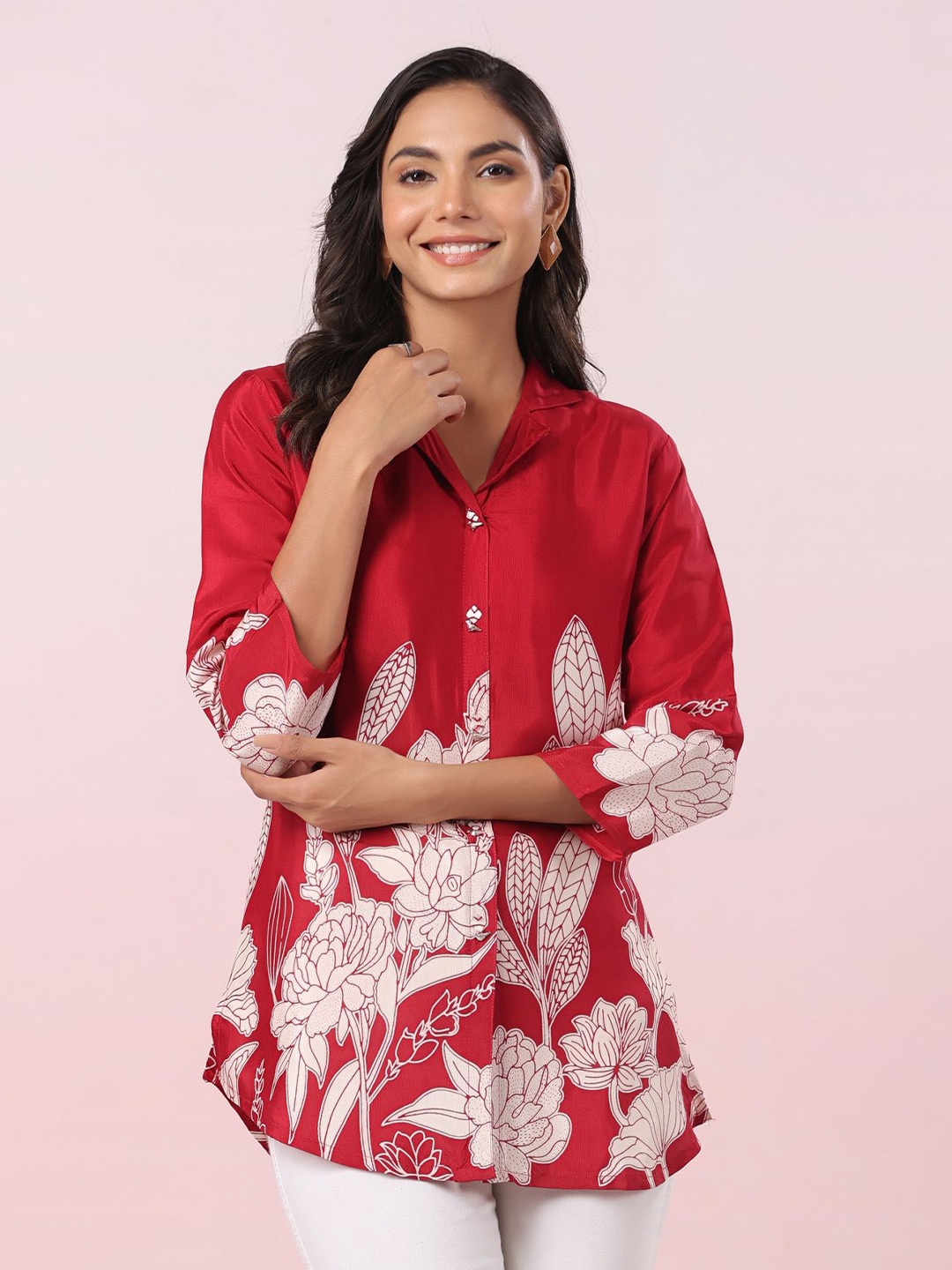 

JISORA Women Floral Printed Shirt Collar Pure Silk Top, Red