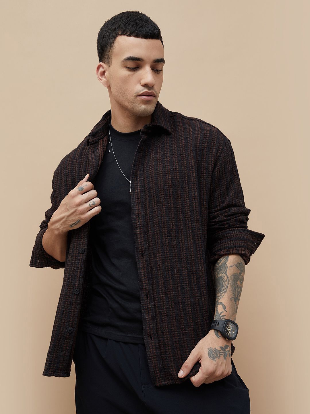 

Forca Men Spread Collar Vertical Striped Cotton Oversized Casual Shirt, Brown