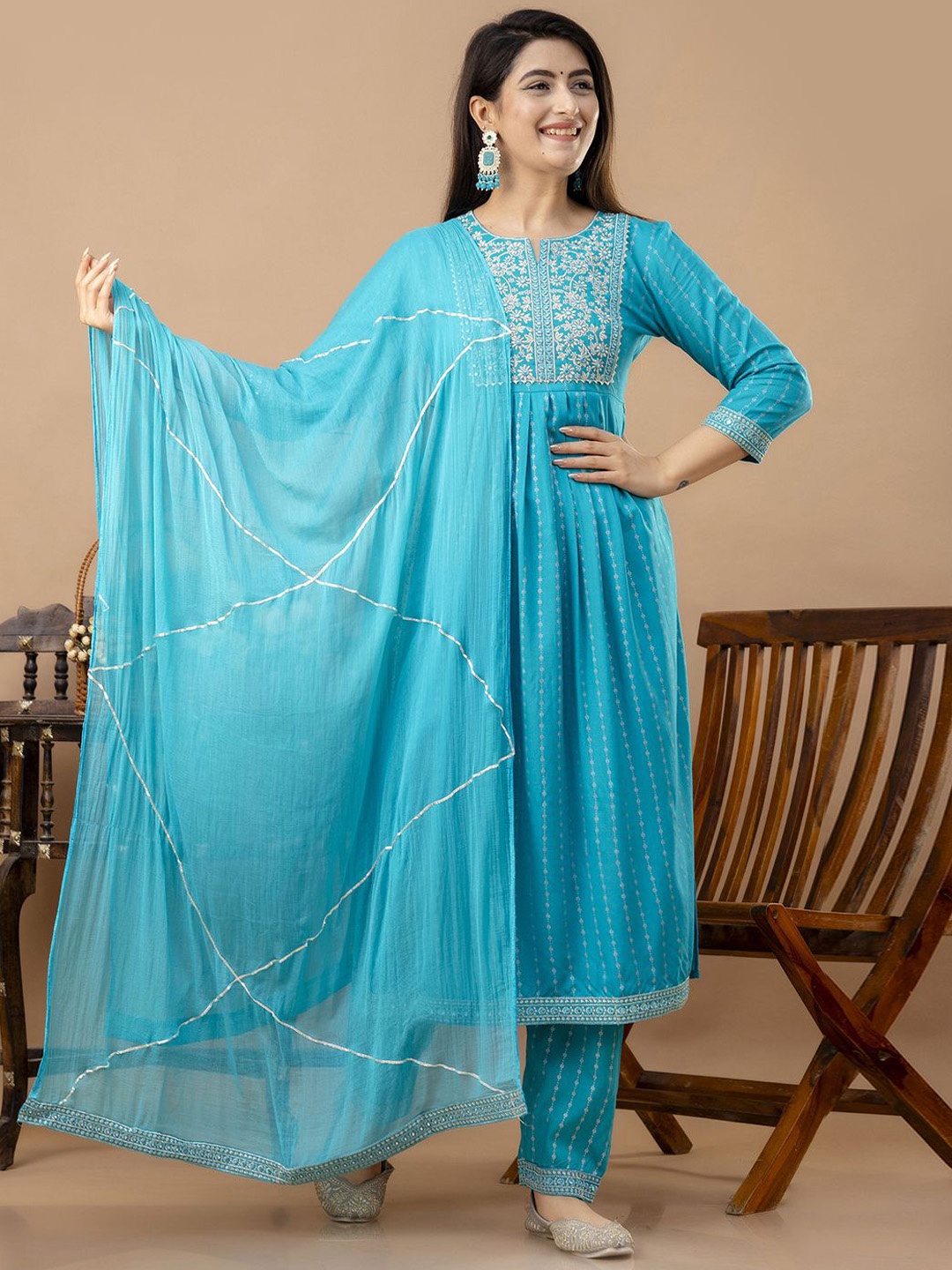 

Veshviti Women Floral Embroidered Pleated Mirror Work Kurta with Trousers & With Dupatta, Turquoise blue