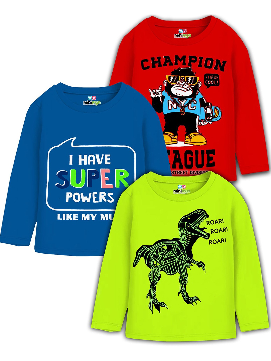 

MINI MYN Boys Pack Of 3 Typography Printed Round Neck Cotton T-shirts, Red
