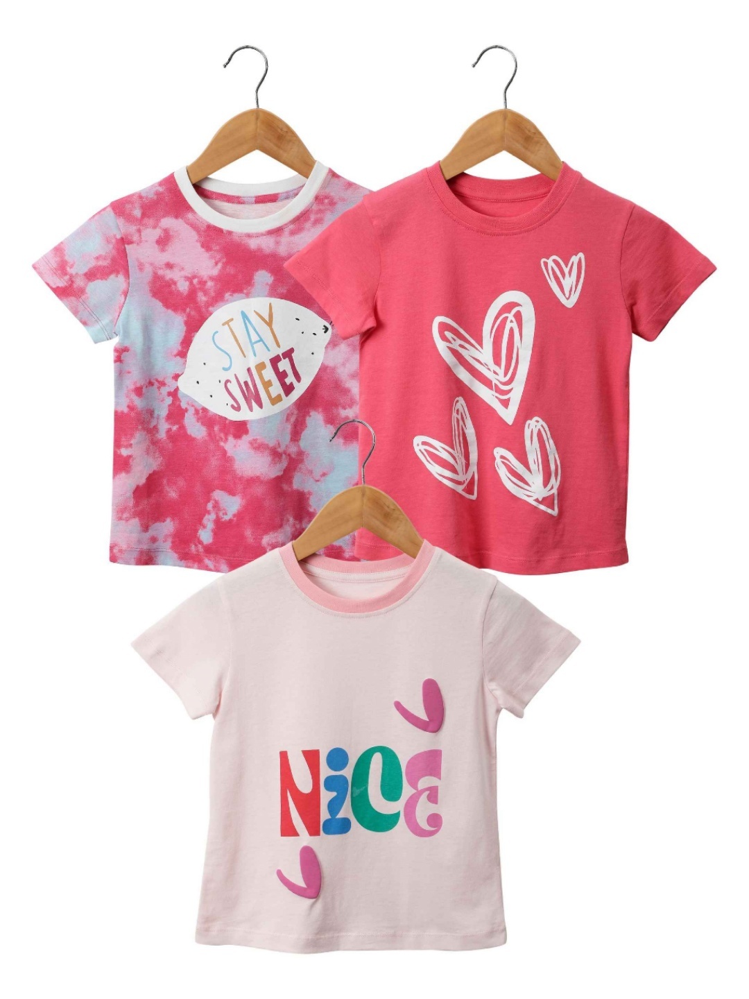 

Nimble Girls Pack Of 3 Graphic Printed Round Neck Cotton T-shirts, Pink