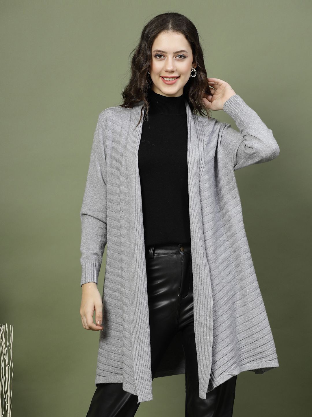 

Mafadeny Women Striped Longline Shrug, Grey