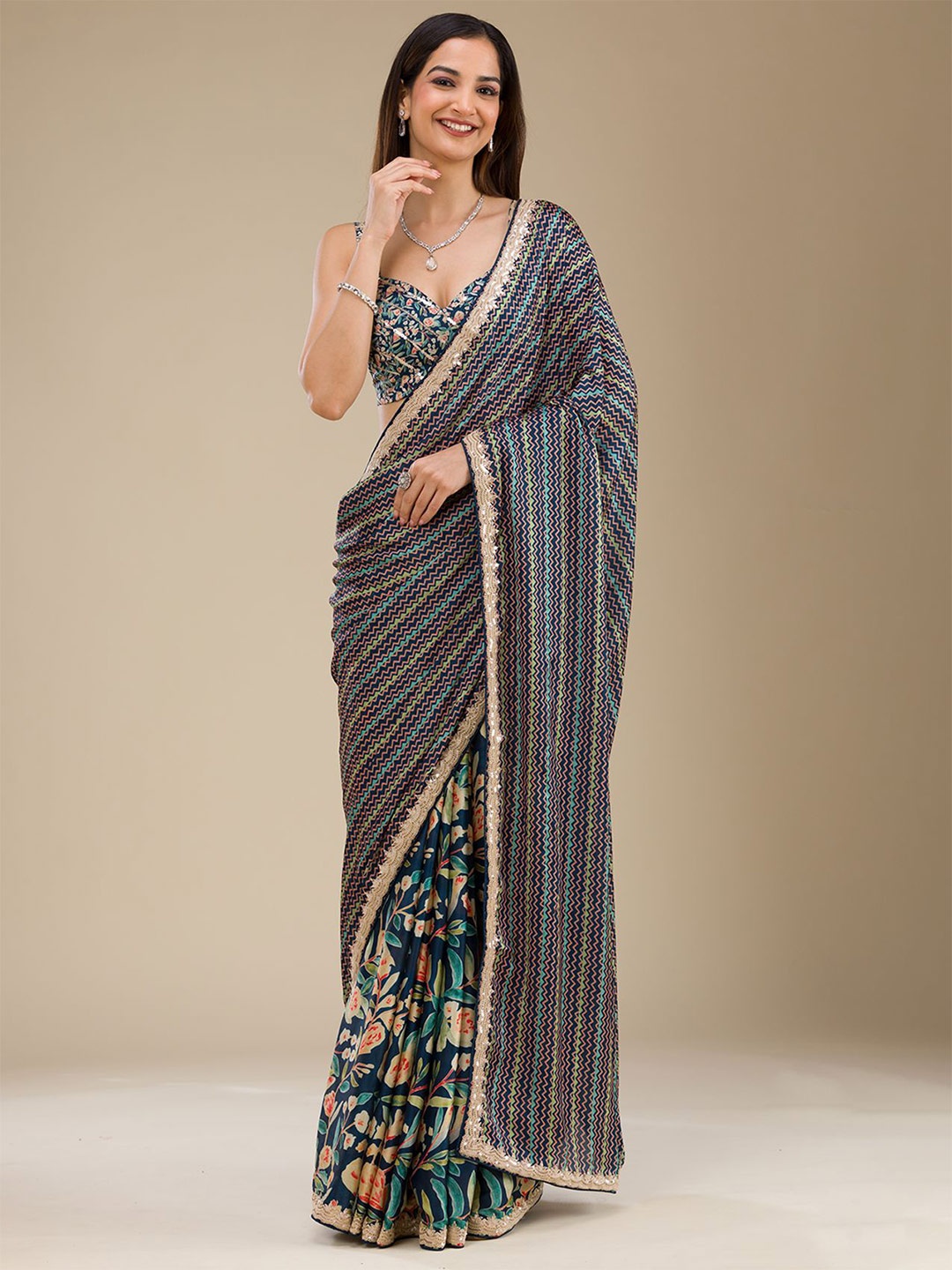 

Koskii Floral Printed Embroidered Saree, Blue