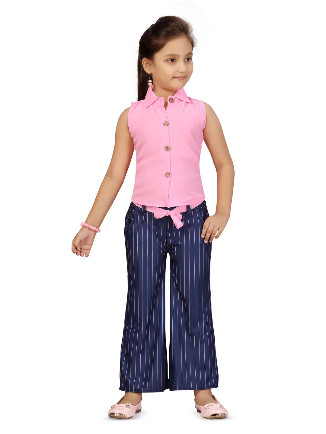 

BAESD Girls Solid Shirt With Striped Trousers Clothing Set, Pink