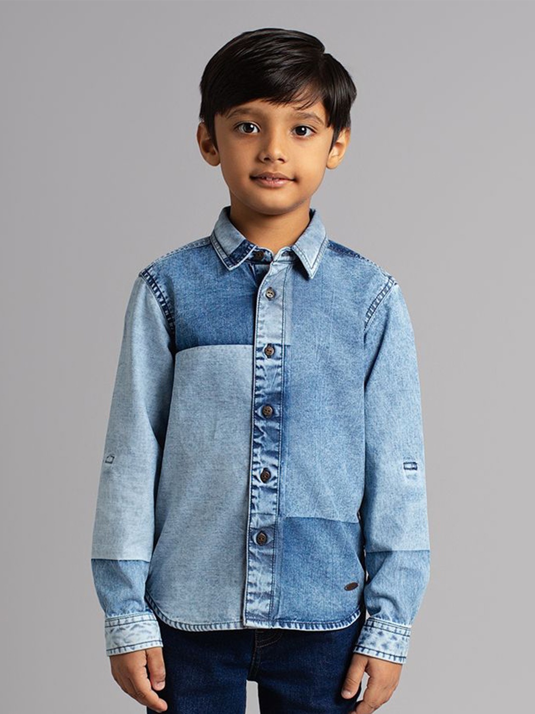 

Ed-a-Mamma Boys Premium Cutaway Collar Faded Denim Casual Shirt, Blue