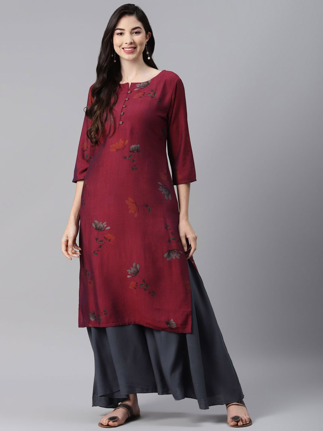 

BAESD Women Embroidered Keyhole Neck Flared Sleeves Mirror Work Kurta, Burgundy