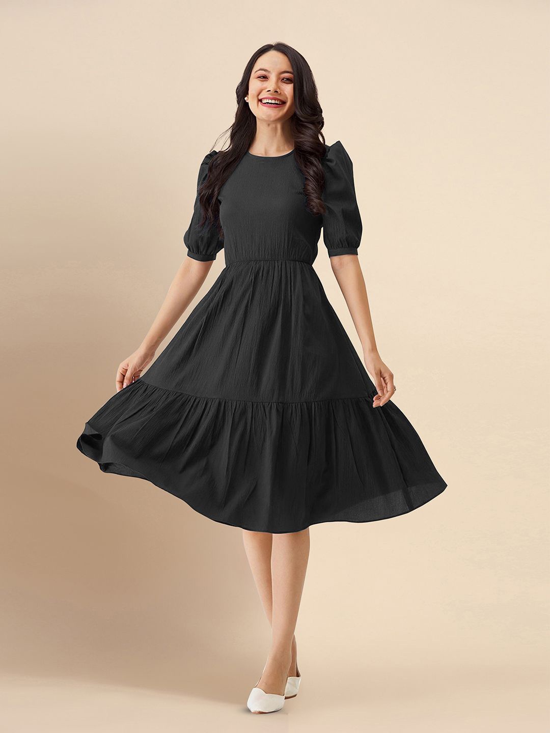 

Trendmalls Women Puff Sleeve Layered Crepe Fit & Flare Dress, Black